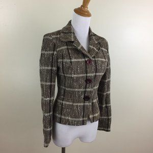 BEBE Brown Beige Black Ivory Wool Blend Tweed Faux Pockets Lined Blazer Jacket